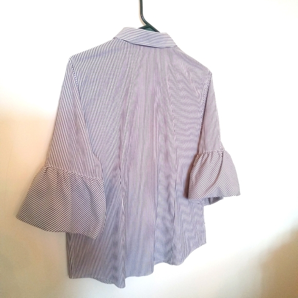 Chico's Striped Cotton Button Up Shirt with Sleeve Detail - Picture 2 of 8